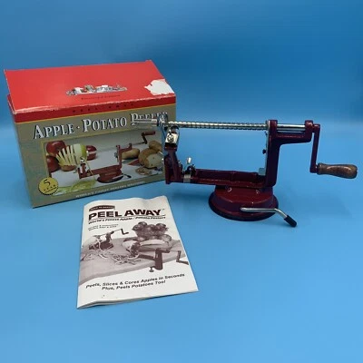 Back To Basics Amco Apple Peeler Red Metal Wood Handle Suction Base, Used in box - Image 1 of 3