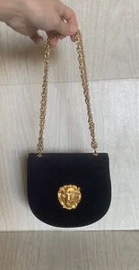 VTG By Triangle New York Navy Blue Suede Gold Lion Head Chain Envelope Purse Bag - Picture 1 of 22