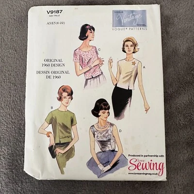 Vogue V9187 Sewing Pattern Sz 6-22 Retro 1960 Vintage Blouse Tops Short Sleeve - Image 1 of 4