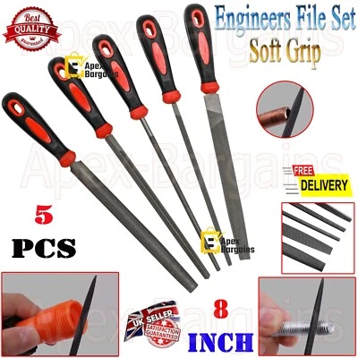 8" Inch Engineers File Set Metal Round Flat Triangular Half Square Soft Grip 5pc - Image 1 of 4