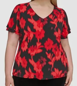 Calvin Klein Women's Black Printed V-Neck Flutter-Sleeve Top Plus Size 2X - Picture 1 of 2