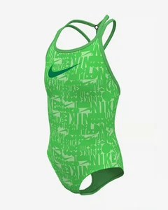 Nike Retro Flow Swimsuit Girls S Green Swoosh Logo Strapback One Piece SRT570 - Picture 1 of 6