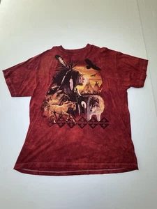 Y2K The Mountain Native American Chief Nature Wolf Eagle Horse Red T-Shirt 4XL - Picture 1 of 6