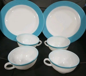 6 platos de cena Pyrex de vidrio de leche turquesa aguamarina banda ancha 2 9,75" 4 tazas  - Imagen 1 de 10