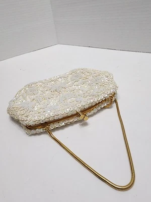 Vintage 1950's Iridescent Cream/White Hand Beaded Sequined Purse STUNNING - Image 1 of 4