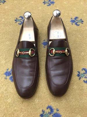 Gucci Loafers Shoes Brixton Horsebit Brown Leather Web Green Mens UK 5 US 6 39 - image 1 of 4