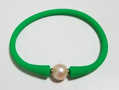 Pulsera Unisex Verde Silicona Goma Rosa/Perla Melocotón Poste Acero Inoxidable 7.5" Foto 1 de 4