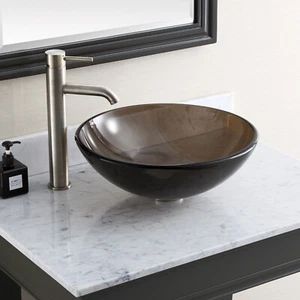 16.5" Coffee Tempered Glass Vessel Sink Bowl Dark Brown Set with Pop up Drain - Picture 1 of 3