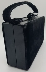 Velvet Black Floral Evening Handbag Box Style Black Satin Interior Vintage - Picture 1 of 8