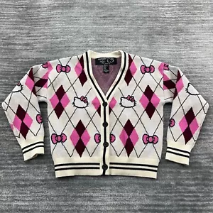 Hello Kitty X Forever 21 Cardigan Size 5/6 Girls Sanrio Argyle Long Sleeve White - Picture 1 of 7