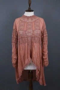 EWA I WALLA Pink Long Sleeve Button Bohemian Crochet Trimmed Tunic Top Size S - Picture 1 of 17