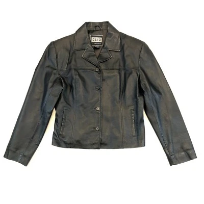 Chaqueta Abrigo Clio Negro 100% Cuero Botón Blazer Forrado Para Mujer Talla L Foto 1 de 4