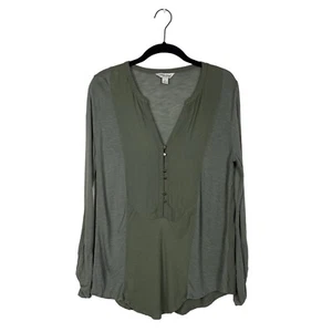 Lucky Brand Top Women’s Size S Olive Green Woven Mix Henley Curved Hem Slub - Picture 1 of 7