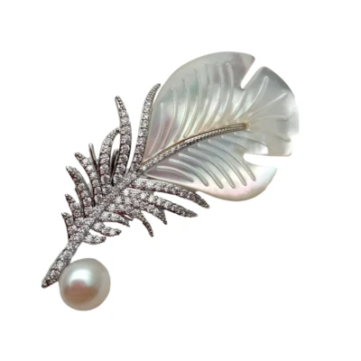 Natural  Sea Shell Mop Carved Leather Shape Cz Pave Cultured White Pearl Brooch - Image 1 of 4