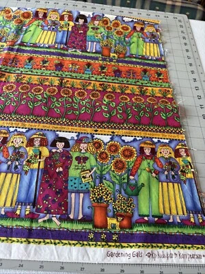 Acolchado de 2/3 yardas novedad algodón jardinería chicas bordes girasoles, regadera Foto 1 de 4