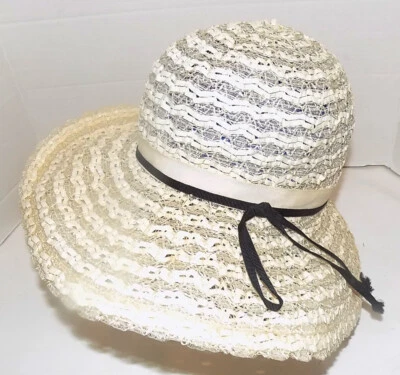 Vintage Woven Straw Wide Brim Hat Black Ribbon Trim - Image 1 of 4