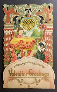 Die-Cut 3-D Valentine Greetings card Germany hand signed Girl Dog Boy ca: 1920 - Picture 1 of 3
