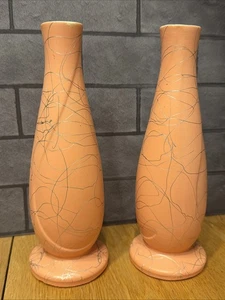 Pair of Vintage MCM Shawnee Pottery Vases Matte Flamingo Pink 8inch - Picture 1 of 12