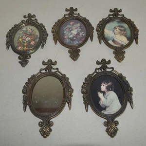 Vintage Small Ornate Italian Brass Framed Pictures & Mirror, Set Of 5, Italy - Picture 1 of 5