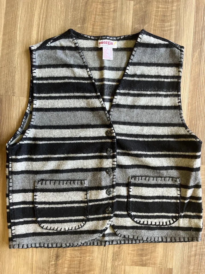 Energie Vest Womens Small Gray Black Stripe Wool Blend Button Front Pockets - Image 1 of 4