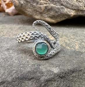 Anillo Tentáculo Ónix Verde Talla 9 Plata de Ley .925 Único Gótico Boho Pulpo - Imagen 1 de 4