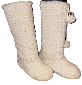 Pailletten Pullover Stiefel Kunstfell Winter Hausschuhe Haus Schuhe Größe 5-6 creme Bommel zum Binden - Bild 1 von 8