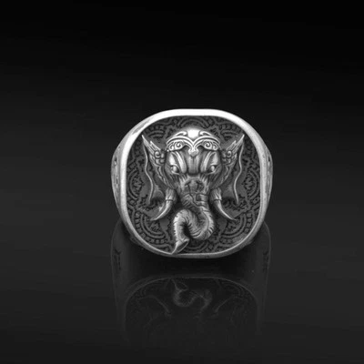 Anel masculino de prata Ganesha deus hindu feito à mão 925 esterlina Om - Imagem 1 de 4