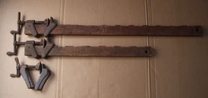 Antique Primitive Wood Working Wooden Rail/Iron Clamp 2 + Iron for 3rd Clamp. - Picture 1 of 13