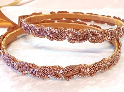 Greek Stefana Orthodox Wedding Crown Set in Antique Gold Beaded Leaf Design - Image 1 of 4