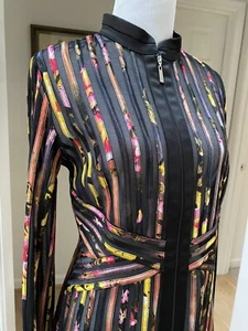 JS Collections Blouse Top 8P Woman Petite Black Mesh Striped Zip Up Long Sleeve - Picture 1 of 12