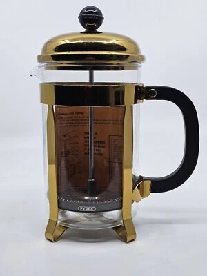 Prensa francesa de vidrio Pyrex de colección de 4 tazas con émbolo tono dorado con direcciones originales Foto 1 de 4