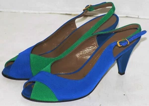 Vintage Green Blue Fabric Covered Bruno Magli Shoes Open Back Size 6 * - Picture 1 of 6