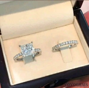 2.50 CT Princess Cut Moissanite Bridal Set Engagement Ring Solid 14K White Gold - Picture 1 of 11
