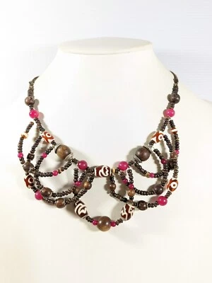 Silver Tone Brown Wood Pink Glass Bead Tribal Style Drape Statement Necklace 20" - Image 1 of 4