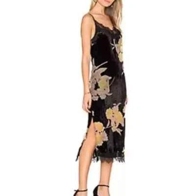 Band of Gypsies Black & Yellow Floral Burnet Velvet Sleeveless Midi Dress Sz M - Image 1 of 4