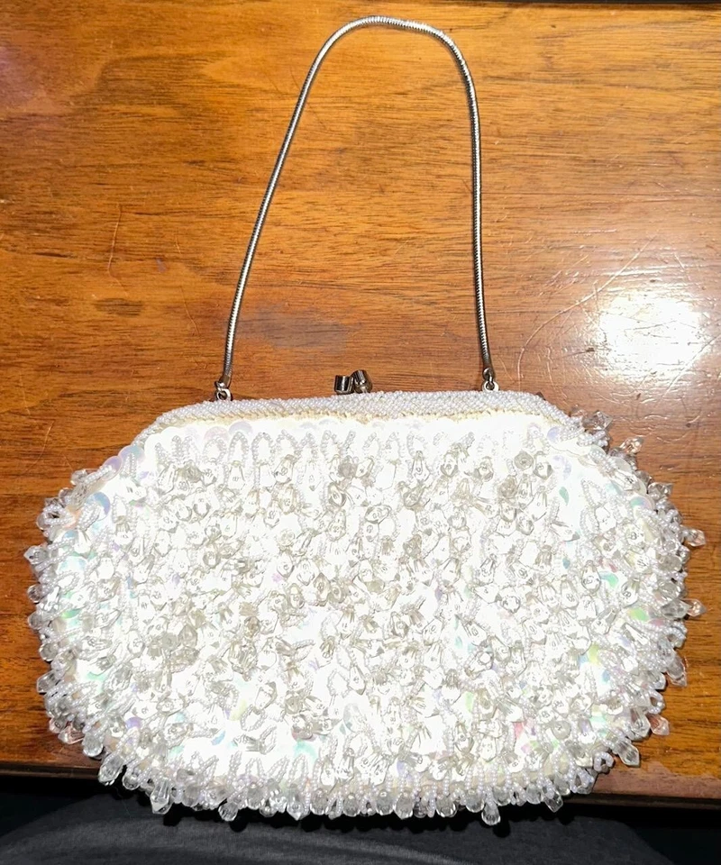 Vintage 1950s White Iridescent Beaded Sequin Evening Bag Purse #655 w/Box - Image 1 of 4