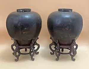 Coppia di specchi antichi vasi in peltro dipinti lacca epoca Qing cinesi antichi - corte donna - Foto 1 di 24