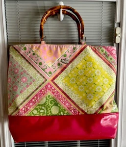B's Patchwork Tote Bag Beach Bamboo Handles Mag Close Lined Custom Handmade EUC - Picture 1 of 13