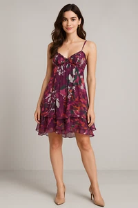 Max Studio MSSP Babydoll Dress Womens XS Purple Floral Silk Chiffon Tiered - Picture 1 of 17