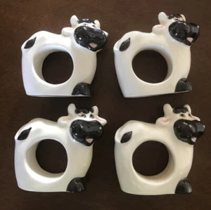 Cow Napkin Rings Holders 4PC SET Black White Country Farmhouse Vintage Ceramic - Picture 1 of 6