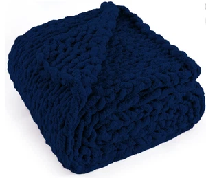 Chunky Chenille Cable Knit Throw Blanket, Navy Blue, 50 x 60 Inches - Picture 1 of 2