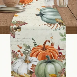 Linen Fall Table Runner-Vintage Farmhouse w/Pumpkins, Leaves & Scripted Writing - Picture 1 of 4