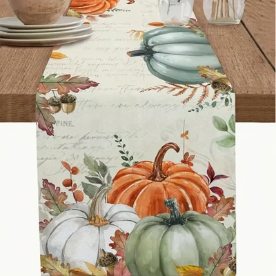 Linen Fall Table Runner-Vintage Farmhouse w/Pumpkins, Leaves & Scripted Writing - Image 1 of 4
