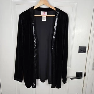 Quacker Factory Cardigan Large Black Velvet Sequin Trim Open Front Party - Picture 1 of 10