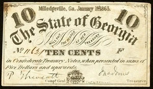 GA 10c MILLEDGEVILLE The State of Georgia January 1st, 1863  Cr. 18 - Picture 1 of 2