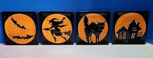 4 Halloween Keramik Mini Teller Silhouette Hexe Katze Spukhaus Fledermäuse - Bild 1 von 12