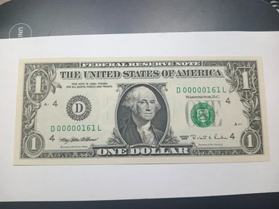 UNC. RARE 1995 ONE DOLLAR LOW 3 DIGIT SERIAL NUMBER. D00000161L FREE SHIPPING. - Image 1 of 4