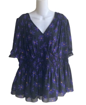 Ava and Viv Top Black Purple Mesh Daisy Print Puff Short Sleeve V-Neck 1X New - Image 1 of 3
