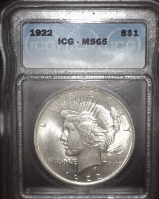 1922 Peace Silver Dollar, ICG MS65, Issue Free, Gem Grade - Image 1 of 2