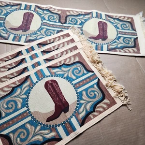 Table Runner With 4 Matching Placemats Laredo Western Cowboy Boot Turquoise  - Picture 1 of 5